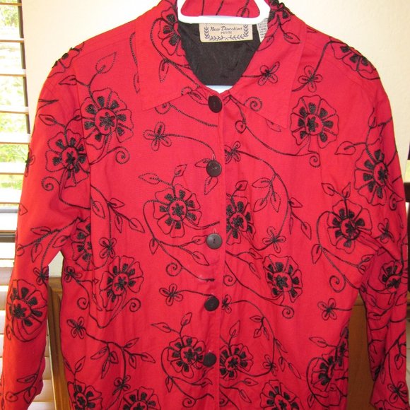 House of Anthropologie Red Cotton Jacket Top Embroidered - Picture 2 of 6